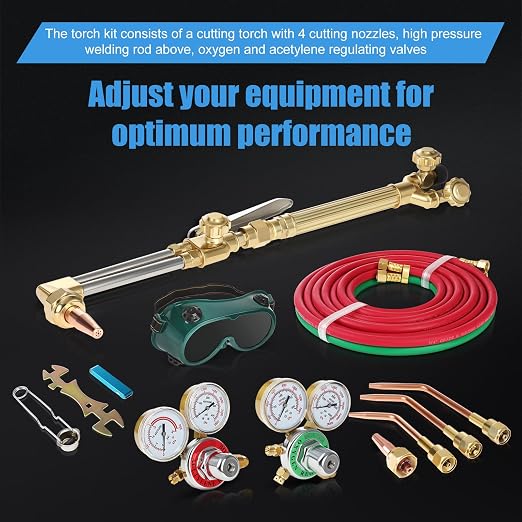 Oxy Acetylene Torch Kit, Cutting Torch Kit, Gas Welding Kits, Professional Brazing Set, Portable Oxygen Acetylene Welder Set Include Nozzles, Regulator, Hoses, Check Valves, Gauges, Storage Case Blue