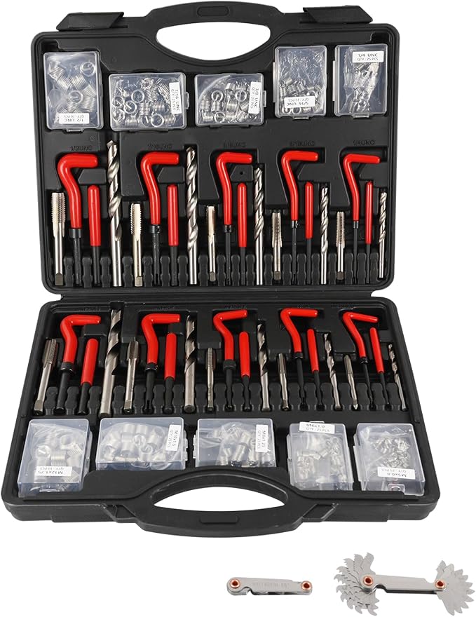 263PCS Thread Repair Kit HSS Drill Helicoil Kit, Rethreading Tool | Rethreading Kit with Thread Gauge Metric and SAE1 /4" 5/16" 3/8" 7/16" 1/2" M5 M6 M8 M10 M12