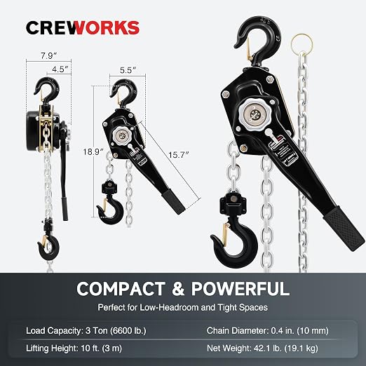 CREWORKS Lever Chain Hoist, 3 Ton 6600 lb Capacity 10 ft Manual Chain Hoist with G80 Galvanized Chain & Swivel Hooks, Heavy Duty Manual Lever Hoist for Construction Warehouse Automotive Factory