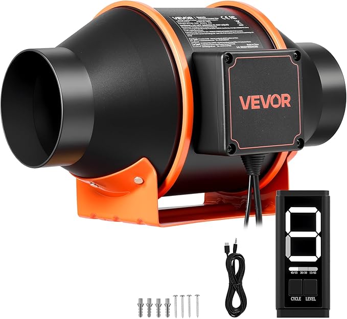 VEVOR Inline Duct Fan, 205 CFM 4 inch EC Motor Ventilation Fan with 3-Speed Circulation, 10-Speed PWM Controller, Timer-Controlled Operation, Cooling for Grow Tents, Indoor Gardening, Hydroponics