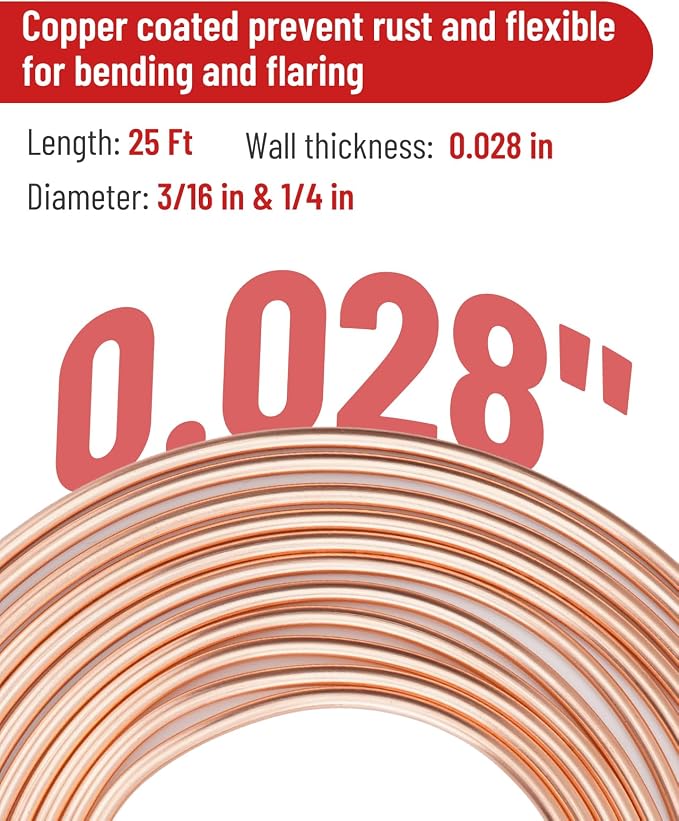 25 ft 3/16in &1/4in Copper Coated Brake Line Flaring Tool Kit, Includes 3-in-1 Tube Bender, Double & Single Flaring Tool Set, 1 Tube Cutter, 4 Threads Unions, 40 Fittings