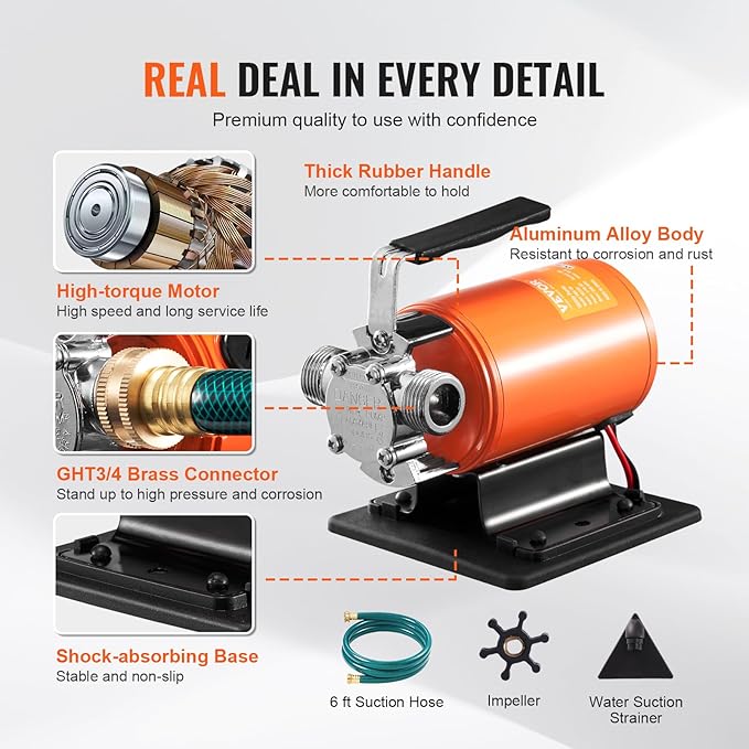 VEVOR Water Transfer Pump 12V, Battery Powered Utility Pump 360 GPH, 1/10HP Portable Electric Water Pump with Switch, 6 ft Suction Hose Kit, For Water Removal, Nonsubmersible