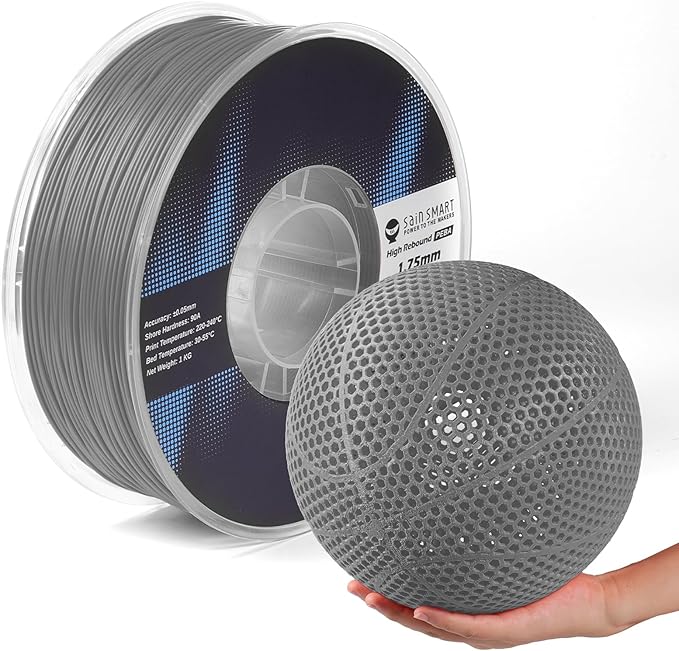 SainSmart PEBA High Rebound 90A Flexible Filament, 1KG (2.2lbs), Super TPU with 78% High Rebound, 20% Lighter & 2X Faster Printing, Nylon-Based Strength, Adjustable Flexibility, 1.75mm, Grey
