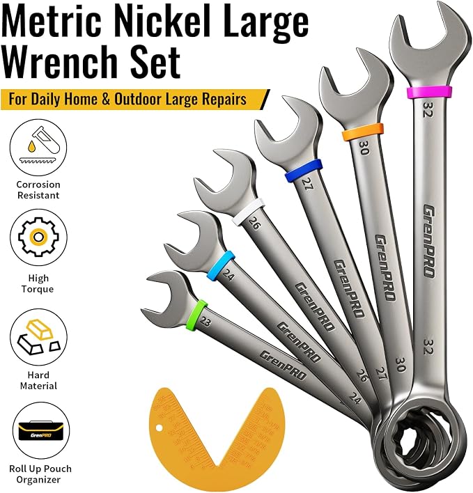 GRENPRO 23-32MM Large Metric Wrench Set, Combination Open End Wrench Sets | Color Rings, Roll Up Pouch, CRV Steel, Nickel Rust-Proof Coating, Free Gauge for Quick Size Matching