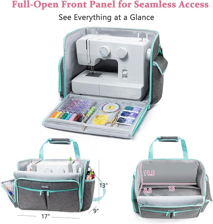 AMOIGEE Full-Open Sewing Machine Case with Wheels, Large Rolling Sewing Machine Bag with Detachable Foldable Dolly, Heavy-Duty Embroidery Tote for Brother Singer Janome Standard Machines Storage