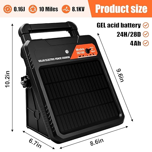 10 Miles Solar Electric Fence Charger 0.16J Output Fence Energizer with Front Visible Switch Design, Peak 8.1KV Output 2.5KV Under Load Portable Solar Fence Charger for Livestock Defense