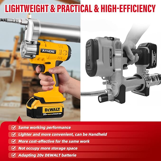 Lithium Battery Grease Gun Cordless for DeWalt 20V Max Battery (NO Battery) Yellow with 12” Spring Flex Hose, 10000 PSI High Pressure Quick Release Grease