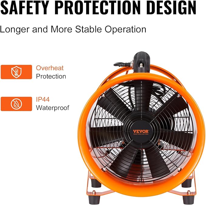 VEVOR Air Mover Blower Fan 12 Inch, 3198CFM 585W with 16.4ft Flexible Duct, Industrial Portable Ventilator Blower/Exhaust