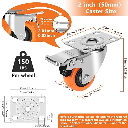 Caster Wheels, 2" Casters Set of 4 Heavy Duty - Locking Casters Orange Polyurethane Wheel, Swivel Plate Caster with Brake, Non-Marking Castor Wheels for Carts Furniture and Workbench
