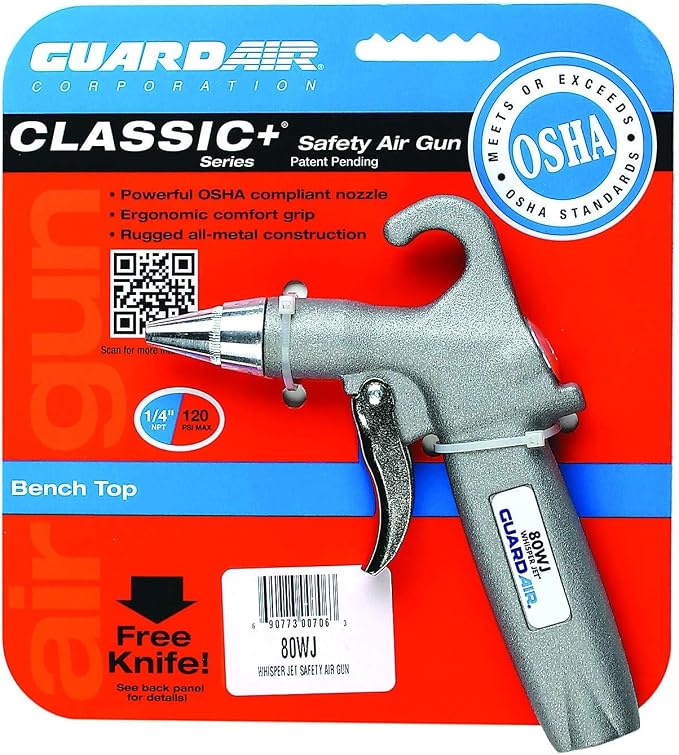 Guardair 80WJ Whisper Jet Safety Air Gun - Volume Control, Comfortable Pistol Style Grip, Ideal for Cleaning Bench Tops, Work Stations, or Machinery in Noise Sensitive Areas, 1/4 Inch Inlet