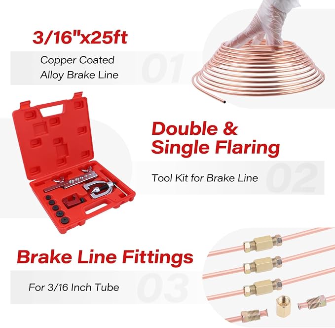 25 ft 3/16'' Copper Coated Brake Line Kit (Includes 16 Fittings and 4 Unions Brake Line Fittings) + Double & Single Flaring Tool Kit for Automotive, Fuel,Hydraulic Systems
