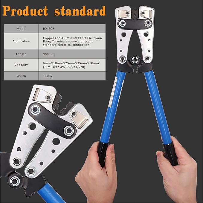 Battery Cable wire Lug Crimping Tool for AWG 8-1/0 terminals with Cable Cutter and 20PCS Tubular Ring Terminal Connectors and 20PCS 3:1 Dual Wall Adhesive Heat Shrink Tubing