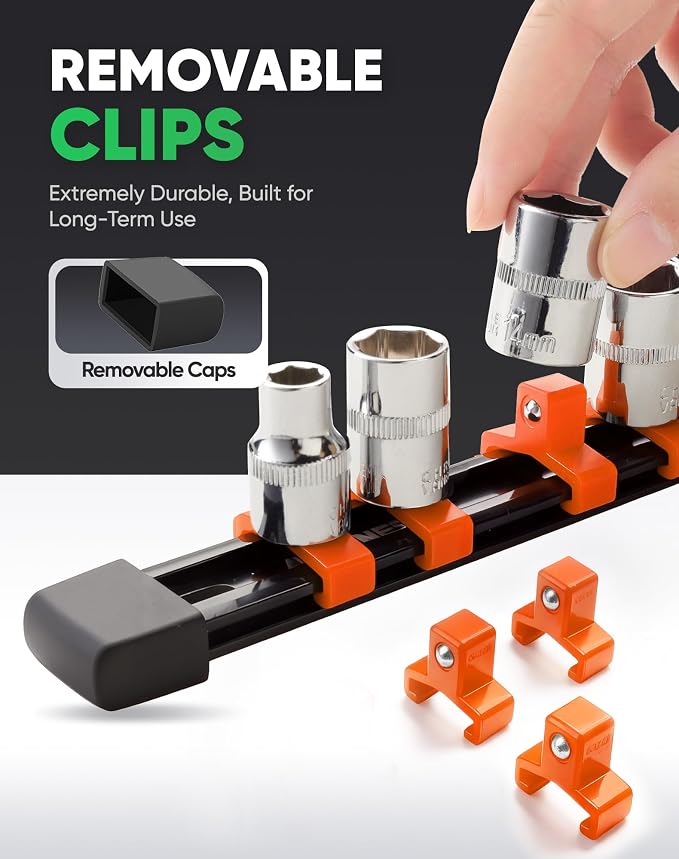 ALOANES 12PC Socket Organizer, Socket Rails Fit 1/2", 1/4" and 3/8" Drive | Heavy Duty ABS Socket Holders Hold up 172 Sockets for Mechanics Toolbox Drawer Bags(Orange)