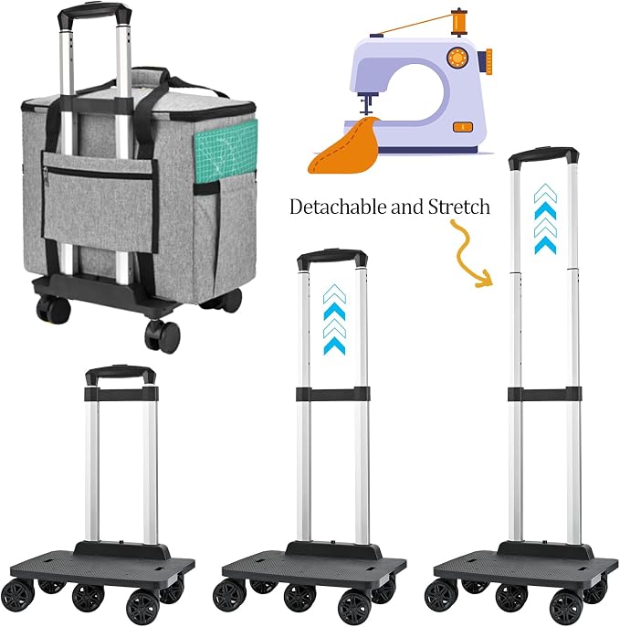 FINESUN Sewing Machine Case with Wheels, Rolling Sewing Machine Bag, Universal Craft Storage Bag for Brother Singer Janome and Most Embroidery Machine Carrying Tote Bag Grey