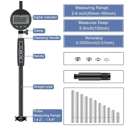 HDLNKAK Digital Dial Indicator Bore Gauges (2"-6"/0.0005"), Engine Cylinder Measurement with Carbide anvils.(Black)