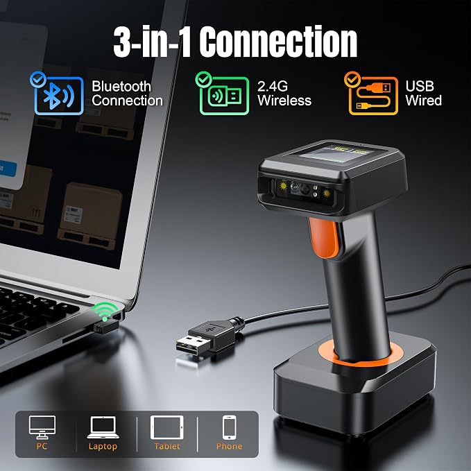 Tera Pro 1D 2D QR Wireless Barcode Scanner with Display Screen Battery Level Indicator Time Display Works with Bluetooth with Charging Cradle Base for Warehouse Supermarket Library HW0006 Pro