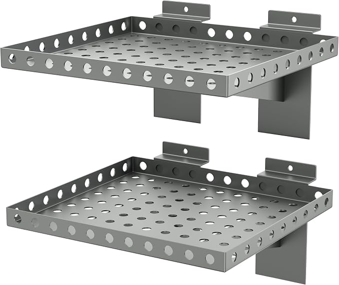 2 Pack Slatwall Shelves, Heavy Duty Grey Metal Slat Wall Shelf for Retail, Garage, Home Storage, 20 lbs Load Capacity, Universal Slatwall Accessories(10 x 12 Inch-2, Grey)