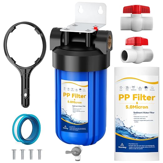 Whole House Big Blue Water Filter System with Drain Valve, PP Sediment Water Filter System 5 Micron, 10" x 4.5" Housing, 1" FNPT Ports, Reduces Sand, Rust, Silt & Dirt, Protects Plumbing & Appliances