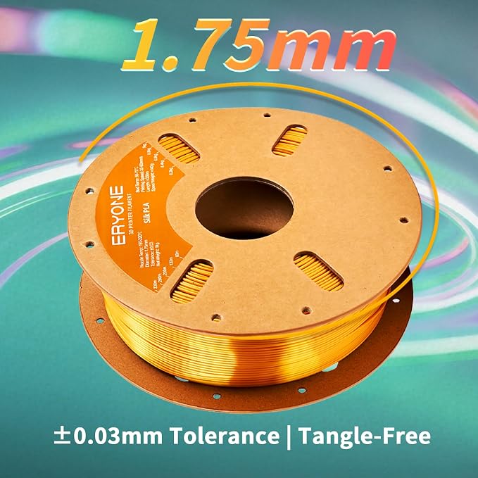 ERYONE Silk Color PLA Filament 3D Printer 1.75mm +/- 0.03mm, Shiny Filament Silk PLA 1KG(2.2lbs) Cardboard Spool, Silk Gold