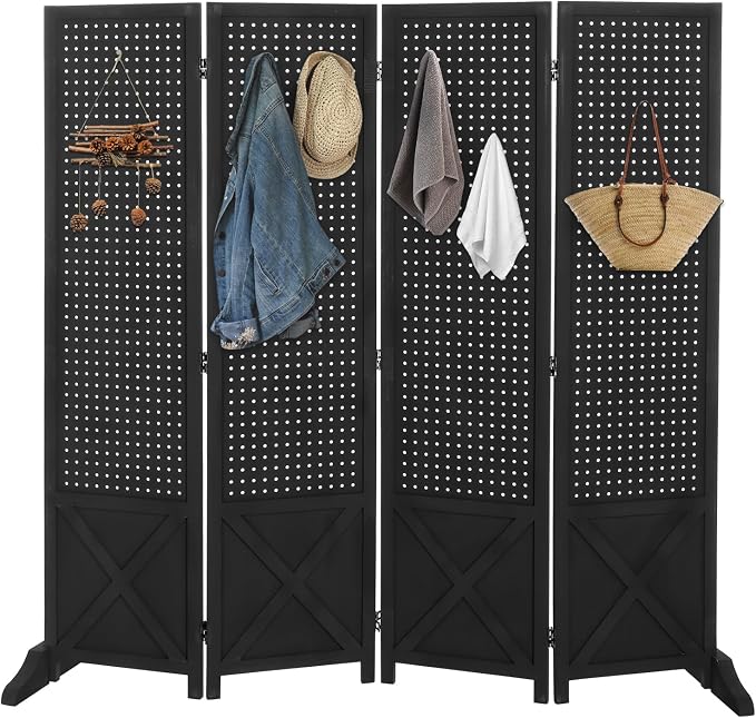 VINGLI Freestanding Pegboard with Support Feet, 5 FT Wood Room Divider Display Board Organizer, Folding Privacy Screen Partition Space Separator for Craft Shows Events Retail (Black, 4 Panel)