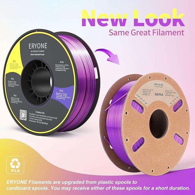 ERYONE Silk Dual Color PLA Filament 3D Printer 1.75mm +/- 0.03mm, Bicolor Filament Two Tone PLA 1KG(2.2lbs) Cardboard Spool, Gold Purple