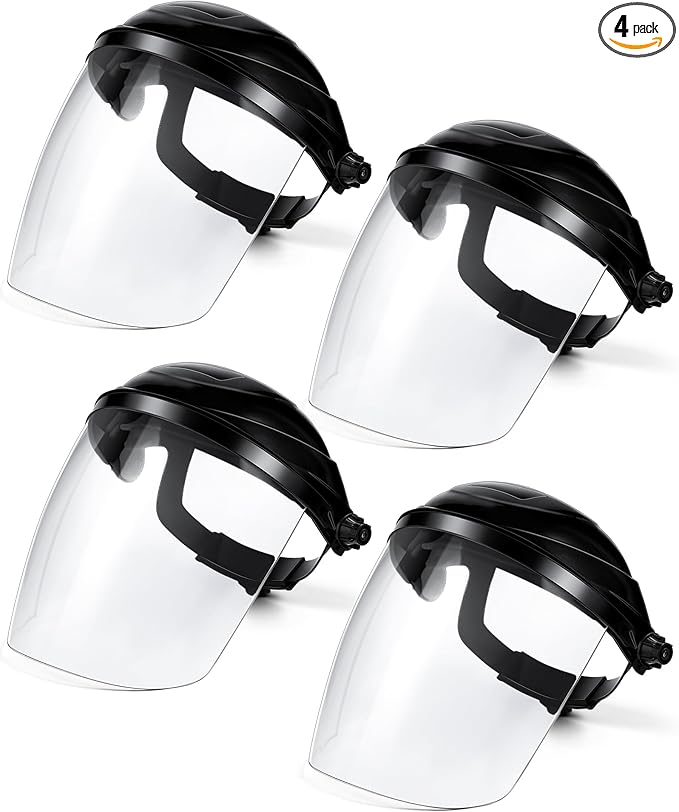 Tellegloww 4 Pcs Clear Safety Face Shield for Grinding & Cutting, Lightweight Full Impact Resistant with Adjustable Ratcheting Headgear Face Shield Mask for Work Chemical Woodworking Industrial, Black