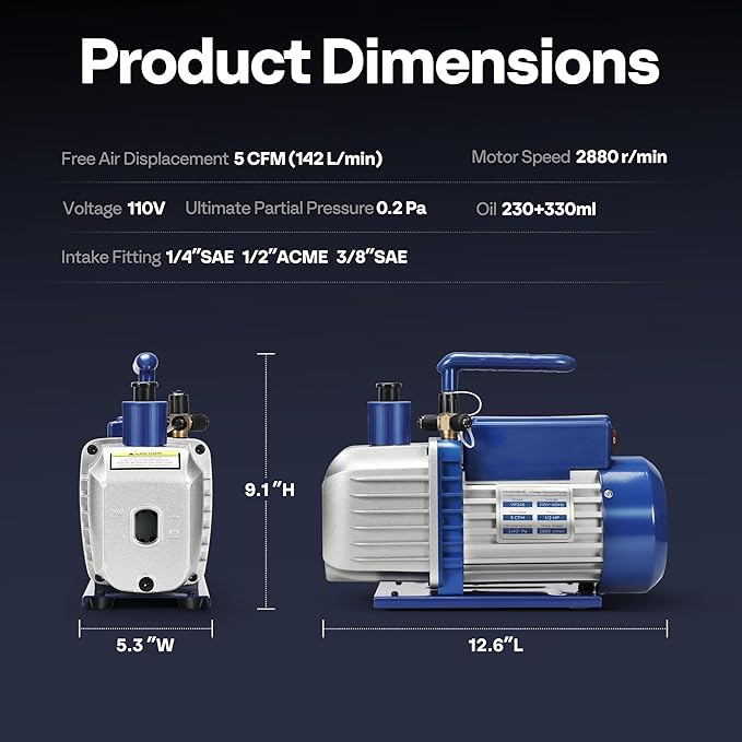 VIVOHOME 1/2 HP 5 CFM 2 Stage A2L HVAC Vacuum Pump, Sparkless Motor for R32 R1234yf R454B R134a R22 R410a Systems, Auto AC Vacuum Pump for Air Conditioner Servicing with 2 Oil Bottles