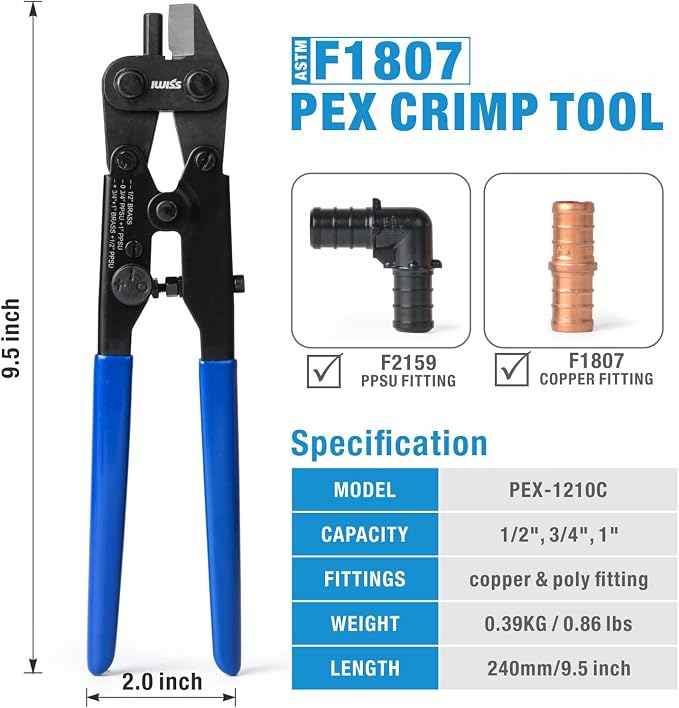 iCrimp F1807 PEX Crimper, Copper Pipe Crimping Tool Kit with 3/8'', 1/2'', 3/4'', 1'' Quick Change Jaws, PEX Tubing Cutter, Go/No-Go Gauge, Copper Ring PEX Removal Tool Included