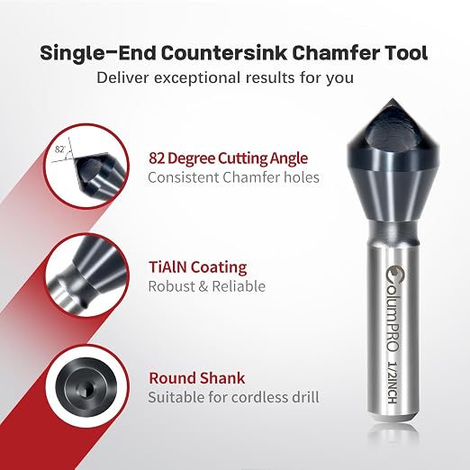 TiAlN Cobalt Single-End Countersink Chamfer Tool - Heavy-Duty M35 82-Degree Countersink Bit for Metal, Stainless Steel, Copper, Wood, Fiberboard, 1/2"