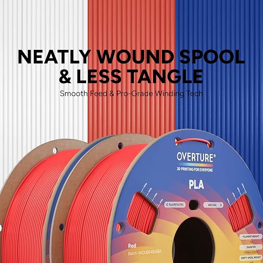 OVERTURE 2KG Bundle High Speed PLA Filament 1.75mm, Neatly Wound 3D Printer Filament 2 Pack 1kg Spool (2.2lbs) Rapid PLA, Fit Most FDM 3D Printers (Red 2-Pack)