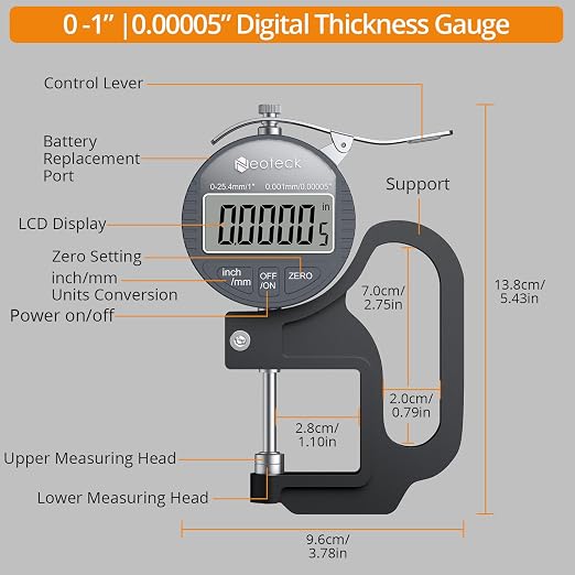 Neoteck Digital Thickness Gauge 1inch/25.4mm,0.00005inch/0.001mm LCD Display with Inch/MM Conversion One-Hand Quick Press Thickness Measuring Tool for Leather Paper Fabric Film etc.-Silver-Grey