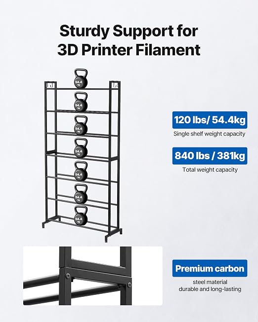 VEVOR 3D Printer Filament Storage Rack, 7 Tier Heavy Duty Storage Shelves for 3D Printing Filaments, Filament Spool Holders Racks for 3D Printing Studio, Home Studio, Office, Workshop (Shelf Only)
