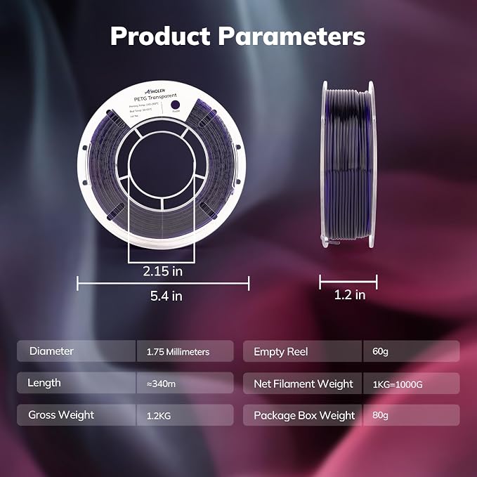 AMOLEN Rapid PETG Transparent 3D Printer Filament 1.75mm Transcucent +/-0.02mm,500mm/s High Speed Strong Toughness Christmas Multicolor Bundle Black/Purple/Red/Orange 250gx4