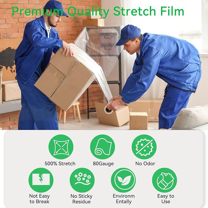 18in Stretch Wrap Roll, Heavy Duty 1500ft Shrink Wrap, Pallet Wrap 4 Pack | Industrial Strength, 80 Gauge, Clear Stretch Film, Self-Adhesive Cling, Plastic Wrap for Furniture Wrapping Shipping Moving