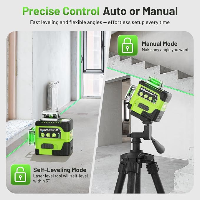 HUEPAR Laser Level 360 Self Leveling with LCD Screen, 3 x 360° High Brightness Rechargeable 3D Lazer Leveler Tool for Construction and Picture Hanging, Strong Magnetic Bracket&Hard Carry Case -Y03CG
