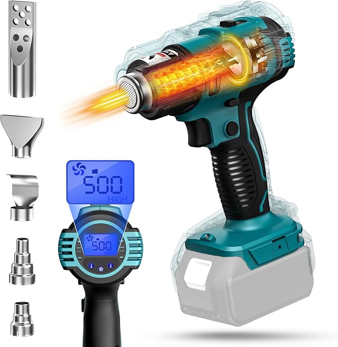 LIVOWALNY Cordless Heat Gun Compatible with Makita 18V Battery (Tool Only) LCD Digital Display - 350W 122℉-1022℉ Adjustable Portable Battery Powered Hot Air Gun for Shrink Tubing Crafts Vinyl Wrap