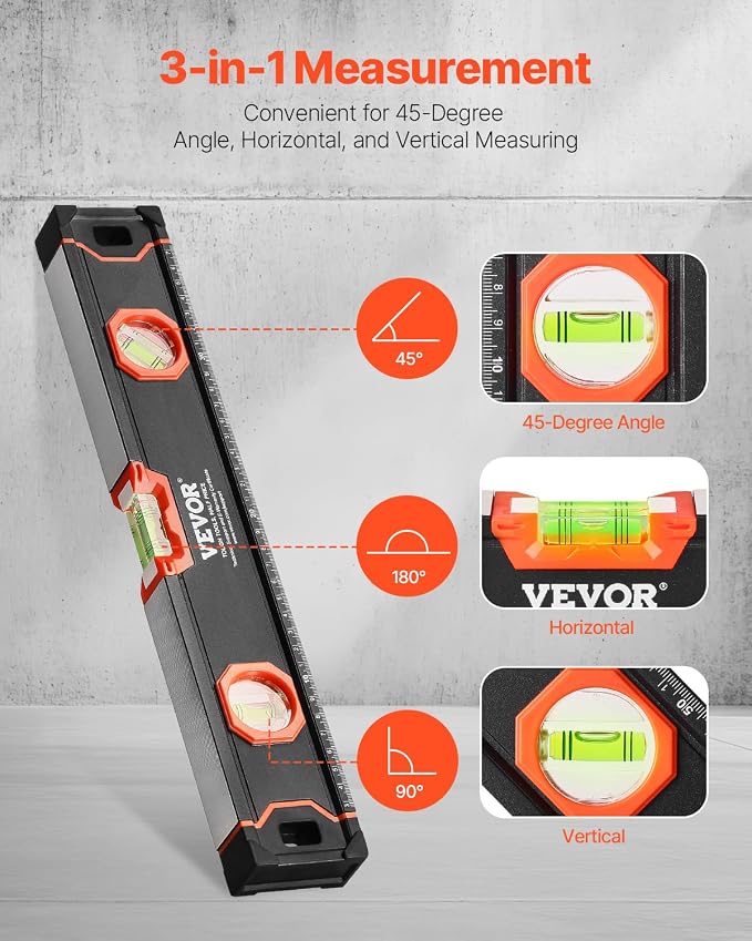 VEVOR 4-Piece Torpedo Level, 48/24/16/10 Inch Box Levels Set, Fluorescent Light Up Bubble Vials Ruler for 45/90/180 Degree, Aluminum Alloy Magnetic Leveler Tool, Shock-Proof(Only 10-inch has magnetic)