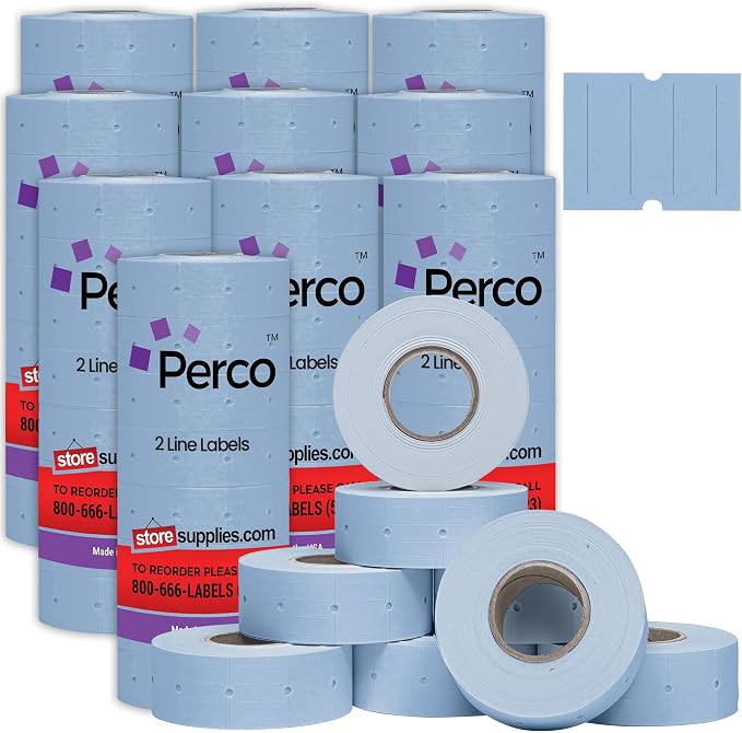 Perco 2 Line Blue Labels - 60,000 Blank Price and Date Gun Labels for Perco 2 Line Price and Date Guns - 80 Rolls, 10 Sleeves - Made in USA