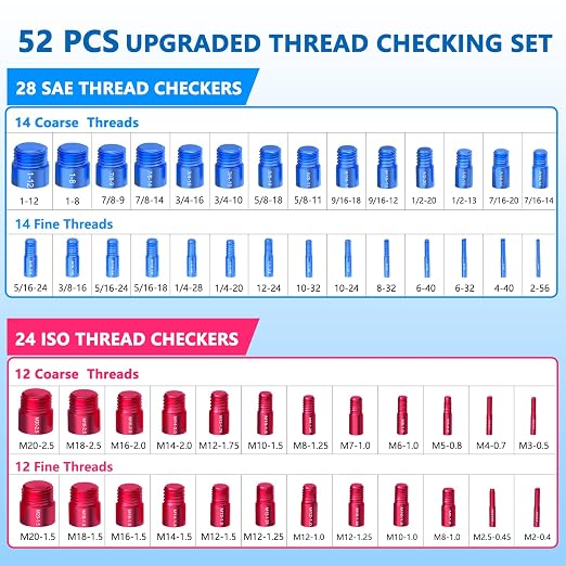 52PCS Thread Checker, Nut and Bolt Thread Checker, Thread Checker Kit in Standard and Metric (28 Standard & 24 Metric), Bolt Size Finder Checker Thread Gauge for Quickly Identify (52 Thread Checker)