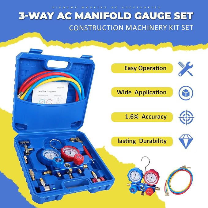 AC Manifold Gauge Set Kit 3-Way Valve, 4CFM Single Stage 110V 1/3 HP HVAC Vacuum Pump with Leak Detector for R134a R410a R12 R22 Air Conditioning Refrigeration Recharging