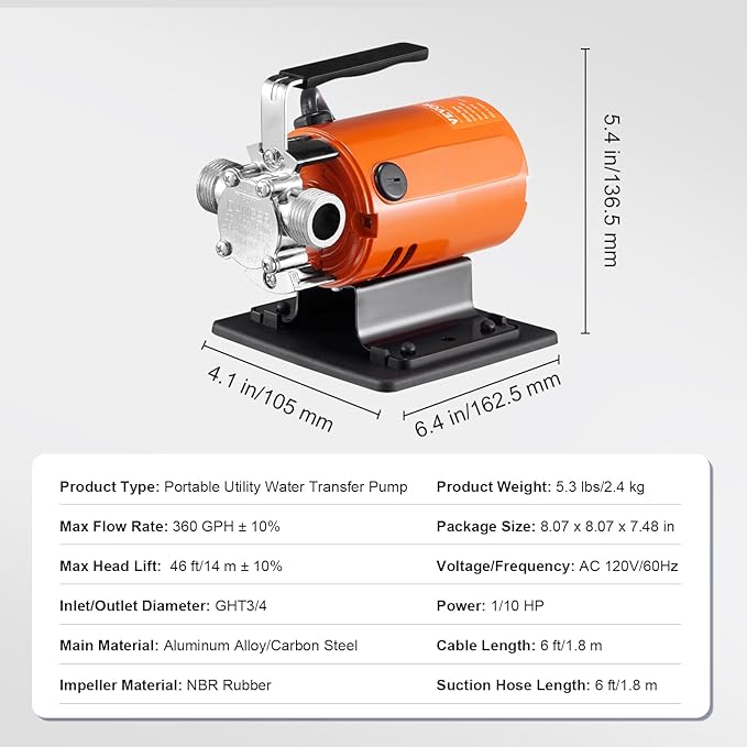 VEVOR Water Transfer Pump 115V, Utility Pump, 360 GPH Larger Flow, 46FT High-Lift, 1/10 HP Portable Electric Utility Pump with Water Hose Kit, Incl. Carbon Brushes, Impeller etc. For Water Removal