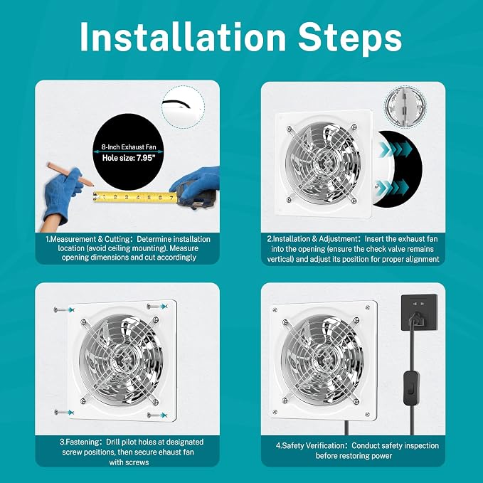HG Power 8 Inch Exhaust Fan, Kitchen Exhaust Fan With Switch 576CFM Wall Mounted, Extractor Ventilation Fan For Attic, Greenhouse, Basement, Shed, White