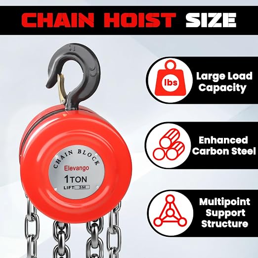 1 Ton Hand Chain Hoist, 2200 lbs Capacity 10 ft Lift – Manual Chain Block with Manganese Steel G80 Load Chain & 2 Heavy Duty Hooks, for Garage, Warehouse, Automotive