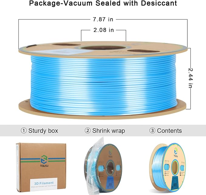YOUSU Silk Blue PLA 3D Printer Filament 1.75 mm 1KG 2.2 LBS Spool 3D Printing Material Shine Silky Shiny Metallic Metal PLA Filament.