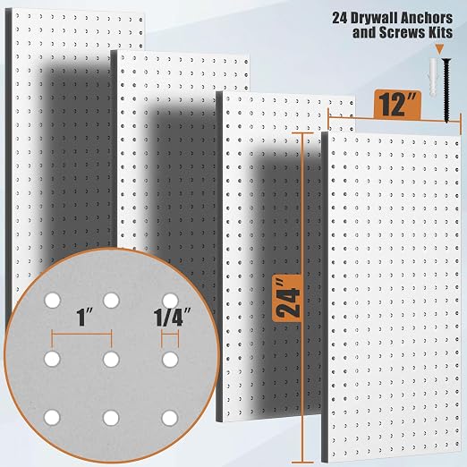 PBHEPJ 4 Pcs Metal Pegboard Panels, Heavy Duty Peg Boards for Garage and Garden Tool Storage, Includes Drywall Anchors and Screws Kits, White