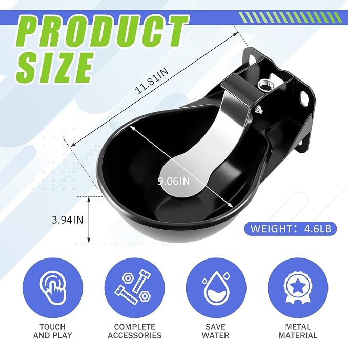 1 Pcs 2.5 L/ 0.66 Gal Automatic Livestock Waterer, Heavy Cast Iron Push-Paddle Water Trough, Black Stainless Steel Livestock Water Bowl for Horse Cattle Goat Pig 11.8 x 9.06 x 3.94 Inch