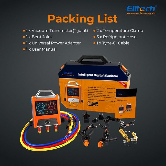 Elitech EMG-20V Intelligent HVAC Digital Manifold Gauge Three Port with Vaccum Sensor Thermometer Clamps Hoses