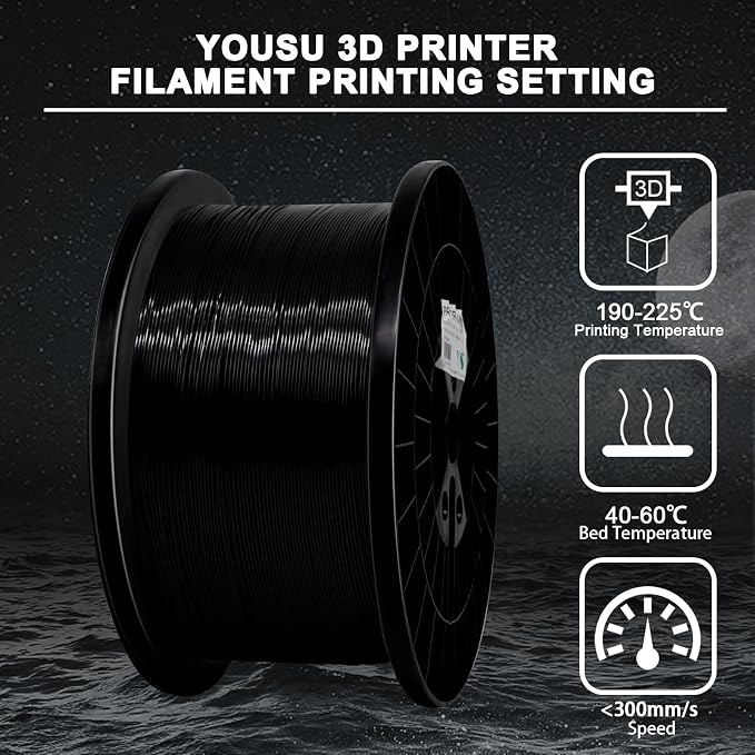 YOUSU 5KG(11lbs) PLA Plus Filament 1.75mm Black, PLA+ Filament 1.75mm 3D Printer Filament, Cost Effective Large Roll 3D Printing Filament for Big Projects