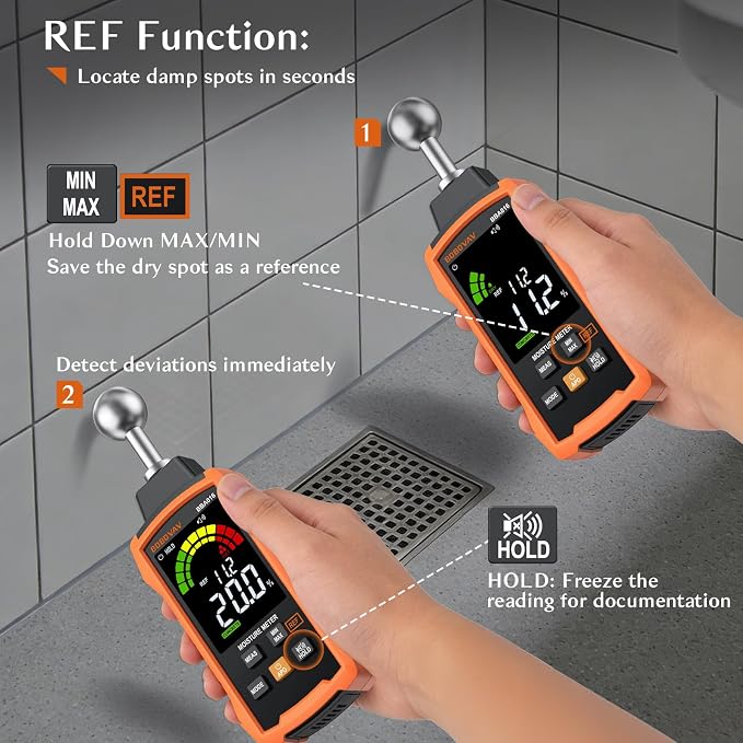Moisture Meter with Ball Probe, 5–40mm Detection, 5 Modes, 3-Color Display with Sound Alarm, REF Function & Data Hold – Pinless Moisture Meter for Wood, Walls, Floors, Concrete & Cement