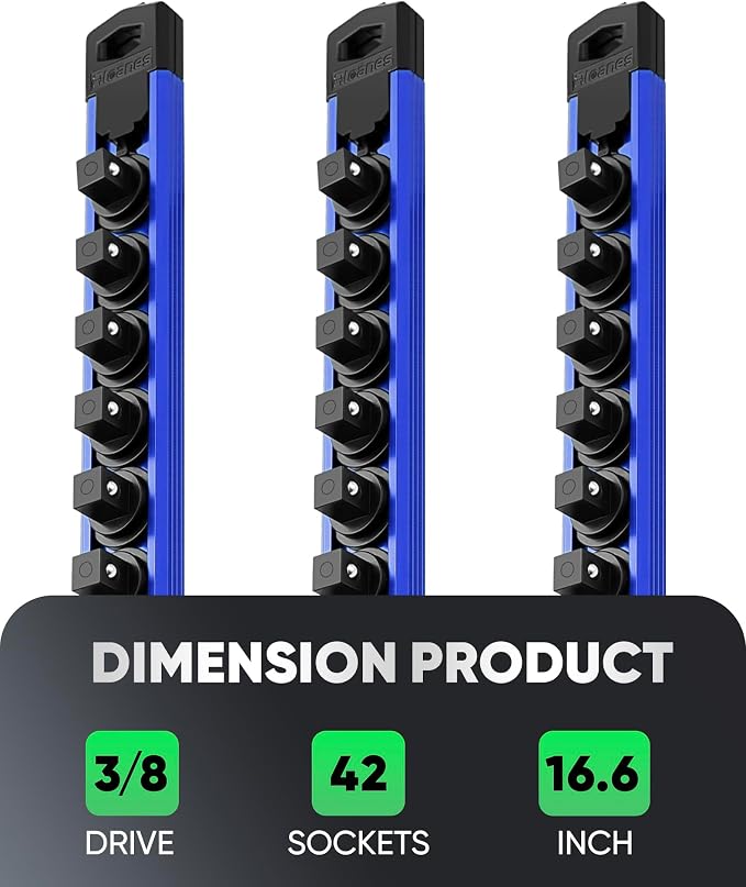 ALOANES Magnetic Socket Organizer Set, 3-Piece Heavy Duty Aluminum Socket Rails, 360° Swivel Clips Socket Rail Kit for Tool Tray Drawer Fit 3/8-Inch x 42 Clips (Blue, 3PC)